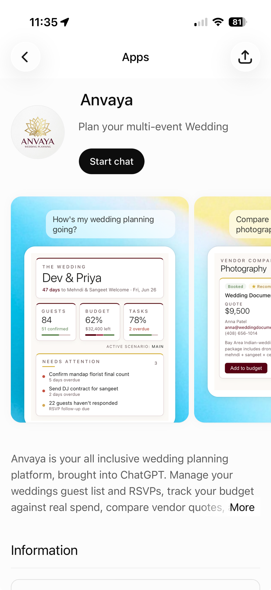 Anvaya's app page inside ChatGPT — the Start chat button, the tagline "Plan your multi-event Wedding," and example cards showing a wedding overview and a photographer comparison