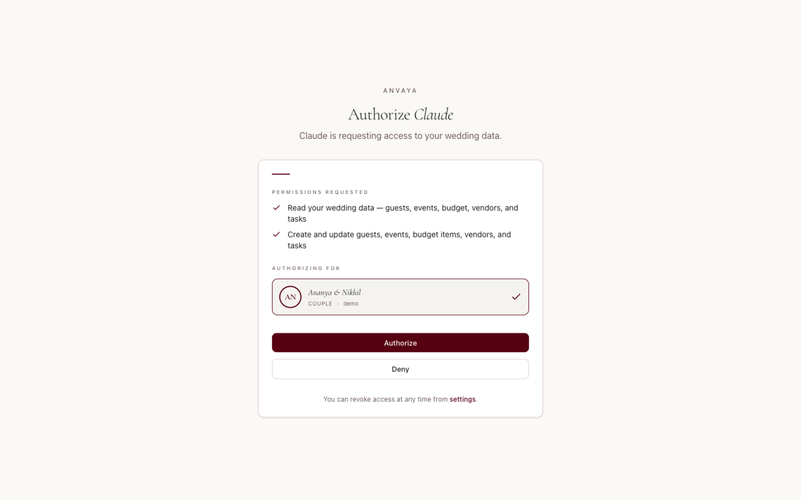 Anvaya's authorization screen showing the requested permissions for Claude