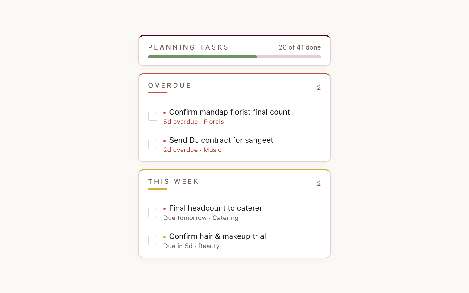 Claude returning a planning task board grouped by urgency, with overdue tasks first, then this-week tasks with due dates and categories