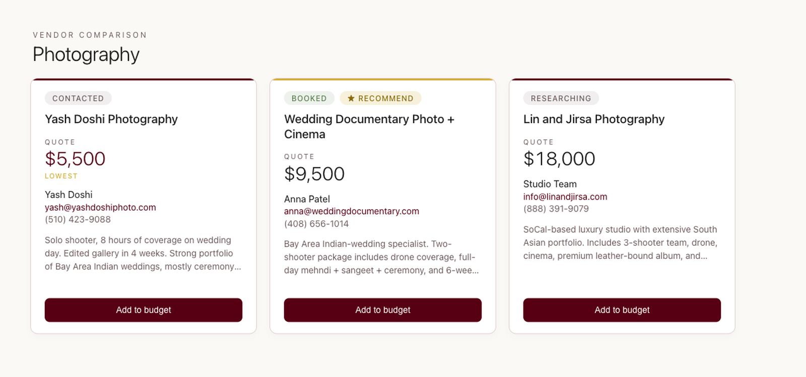 Claude returning a vendor comparison card with each photographer's quote, package details, and booked or recommended status