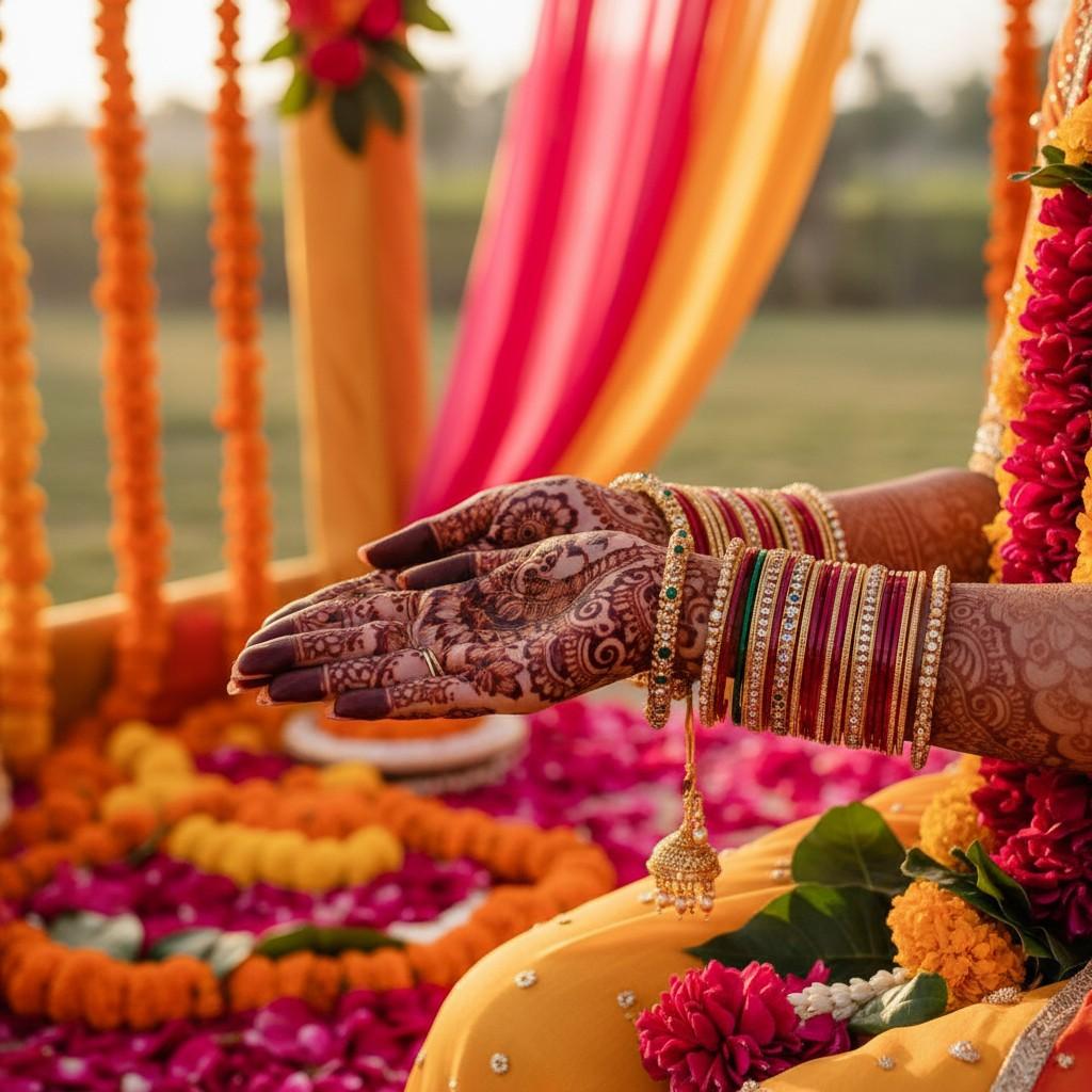 A bride’s hands being painted with intricate bridal henna by a mehndi artist