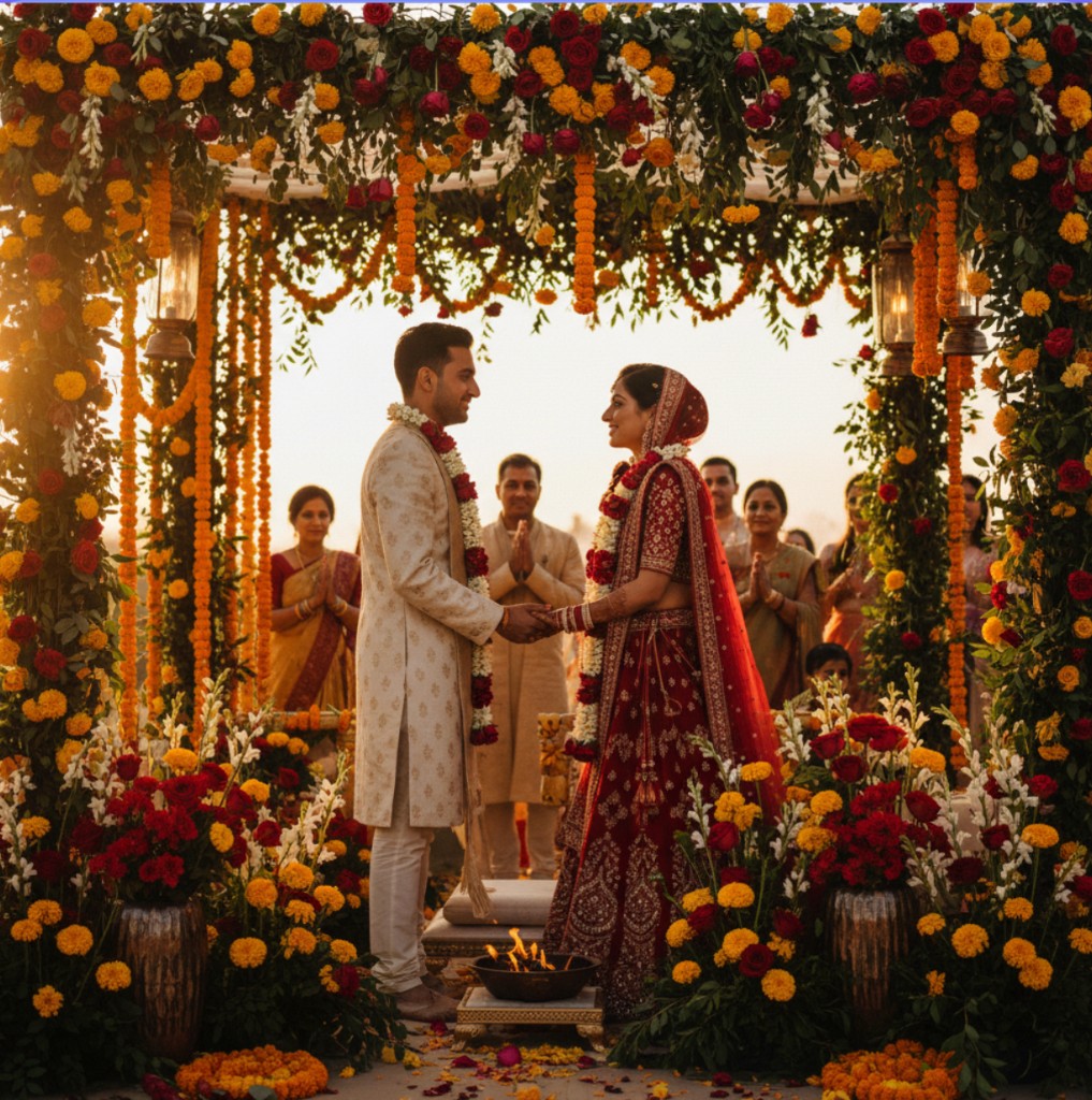 Luxury wedding stage with floral arrangement and chandelier