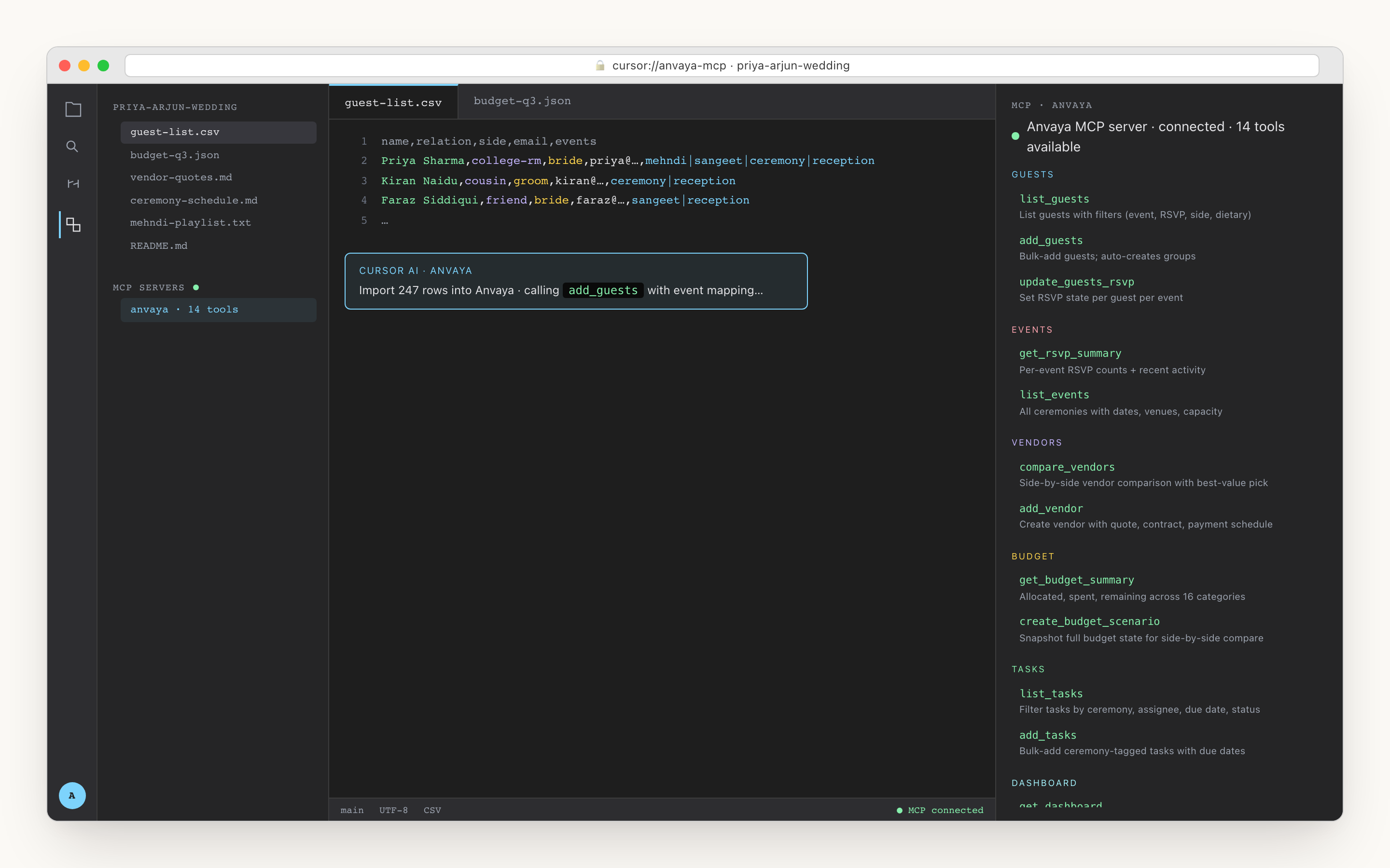 Cursor IDE with the Anvaya MCP server connected — 14 tools listed in the side panel grouped by guests, budget, vendors, tasks, events, dashboard.