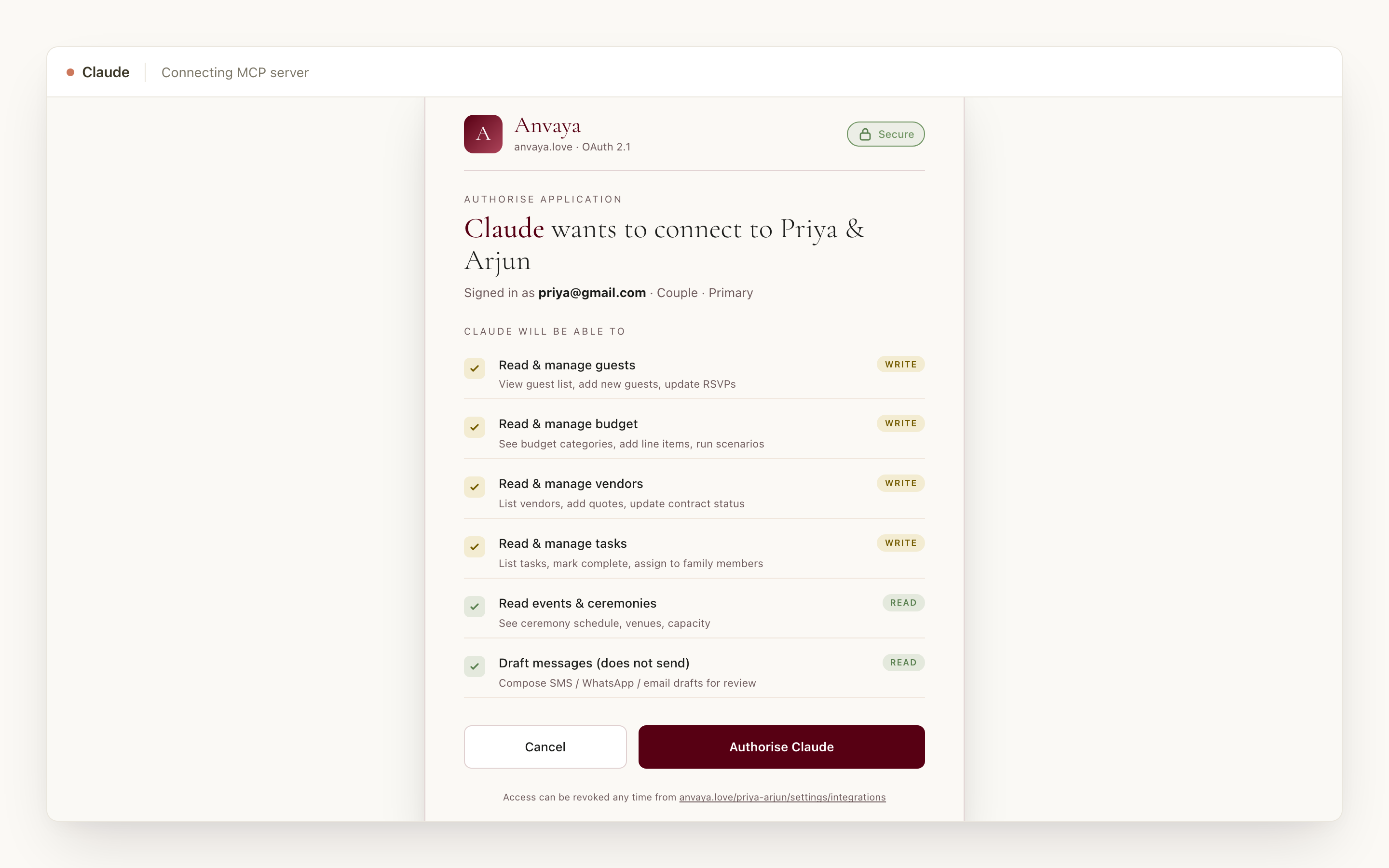 Anvaya's OAuth 2.1 consent screen inside Claude's chrome — six scopes listed with read or write level, Secure badge, signed in as the couple primary.