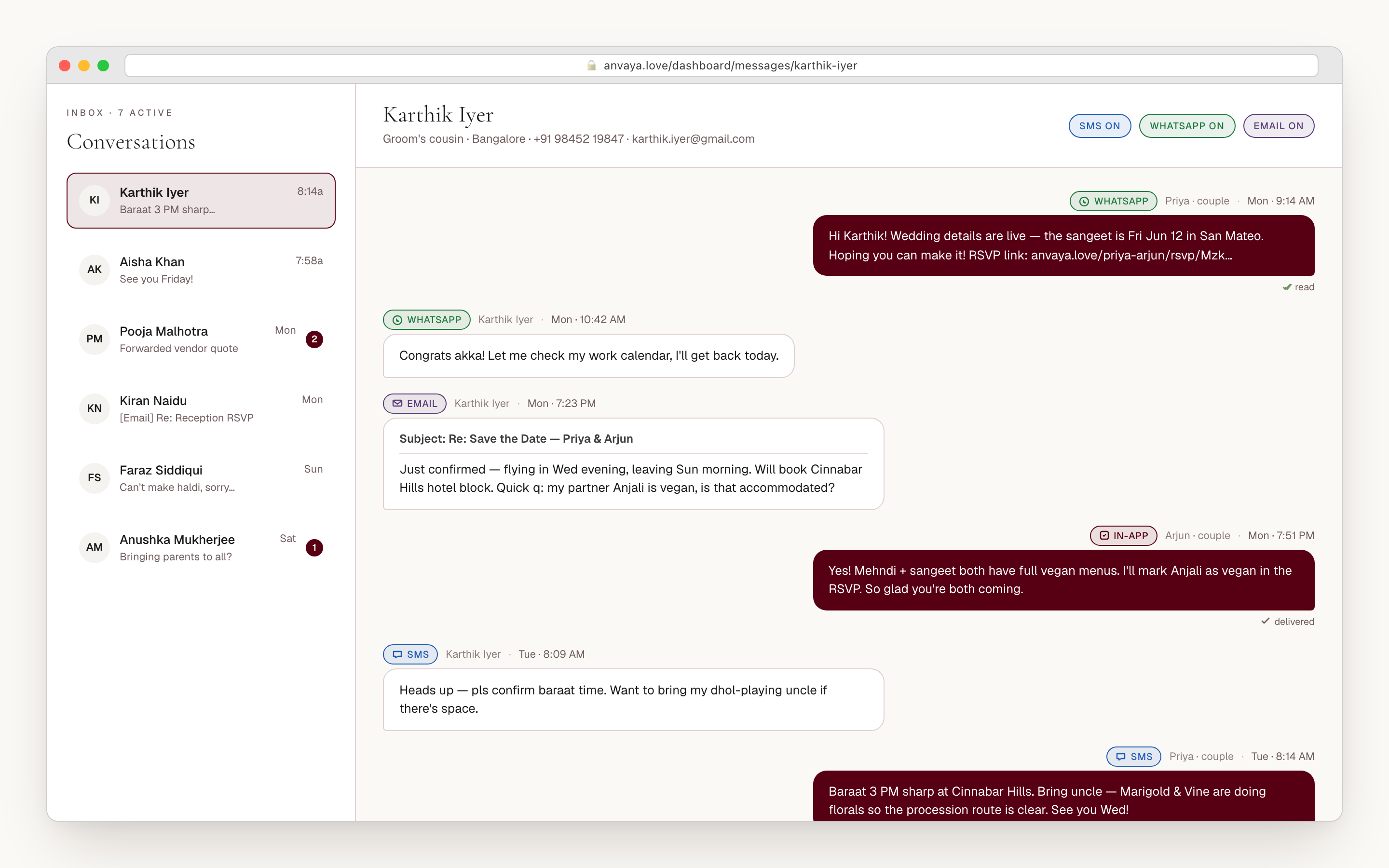 Unified guest message thread that mixes SMS, WhatsApp, email, and in-app replies into one timeline for a single guest.