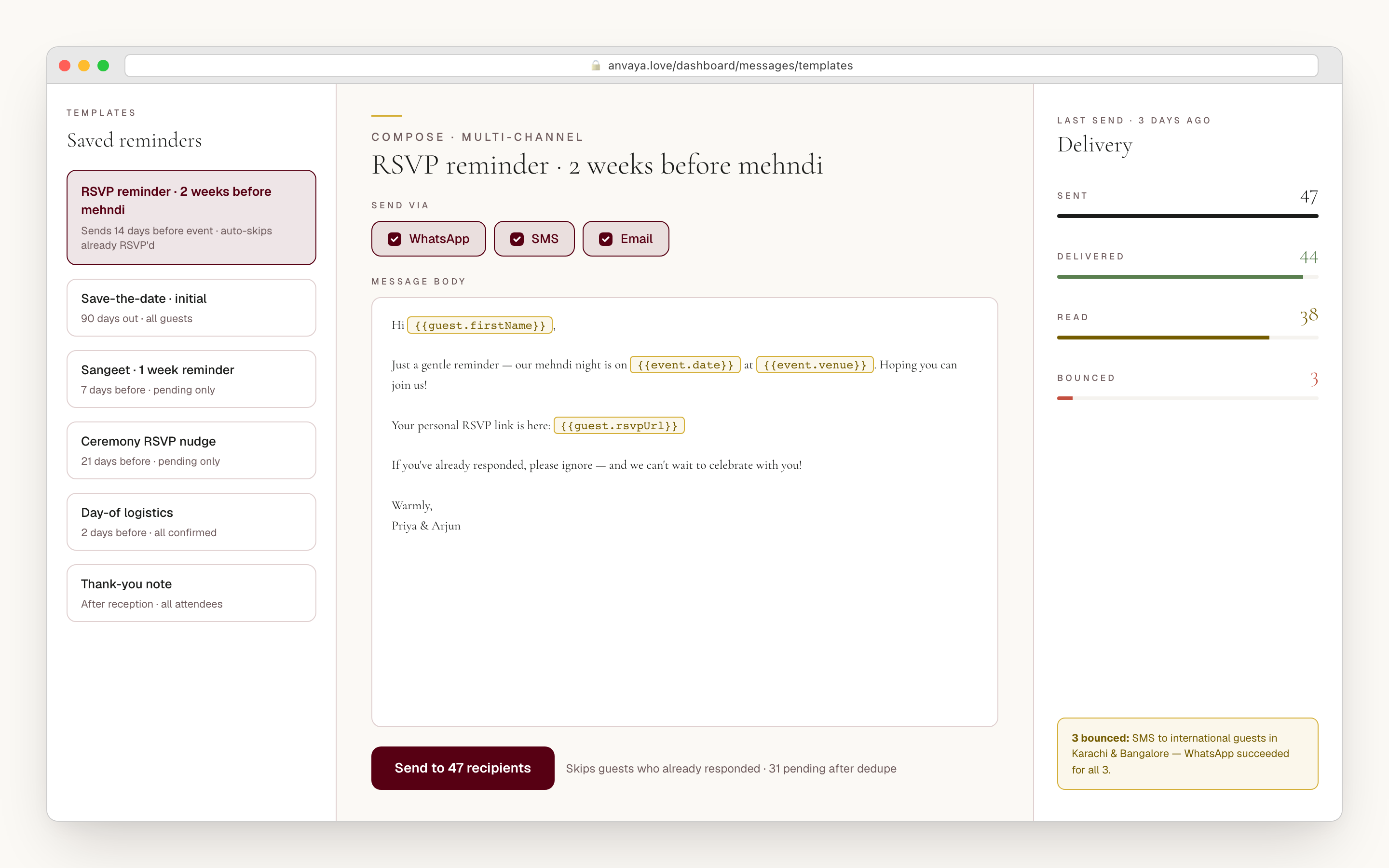 Template editor with channel checkboxes (WhatsApp, SMS, email) selected and merge-field tokens highlighted in the body.