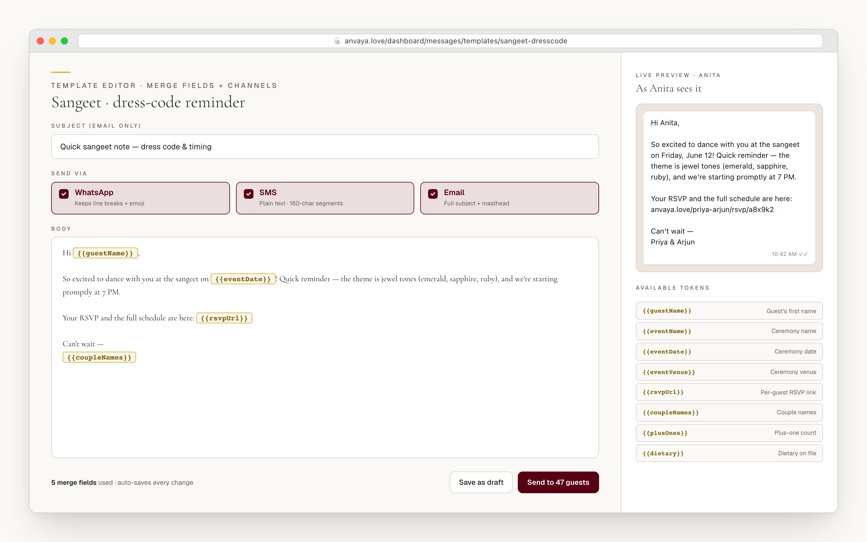 A template editor with the WhatsApp and email channels selected and merge-field tokens highlighted in the body.