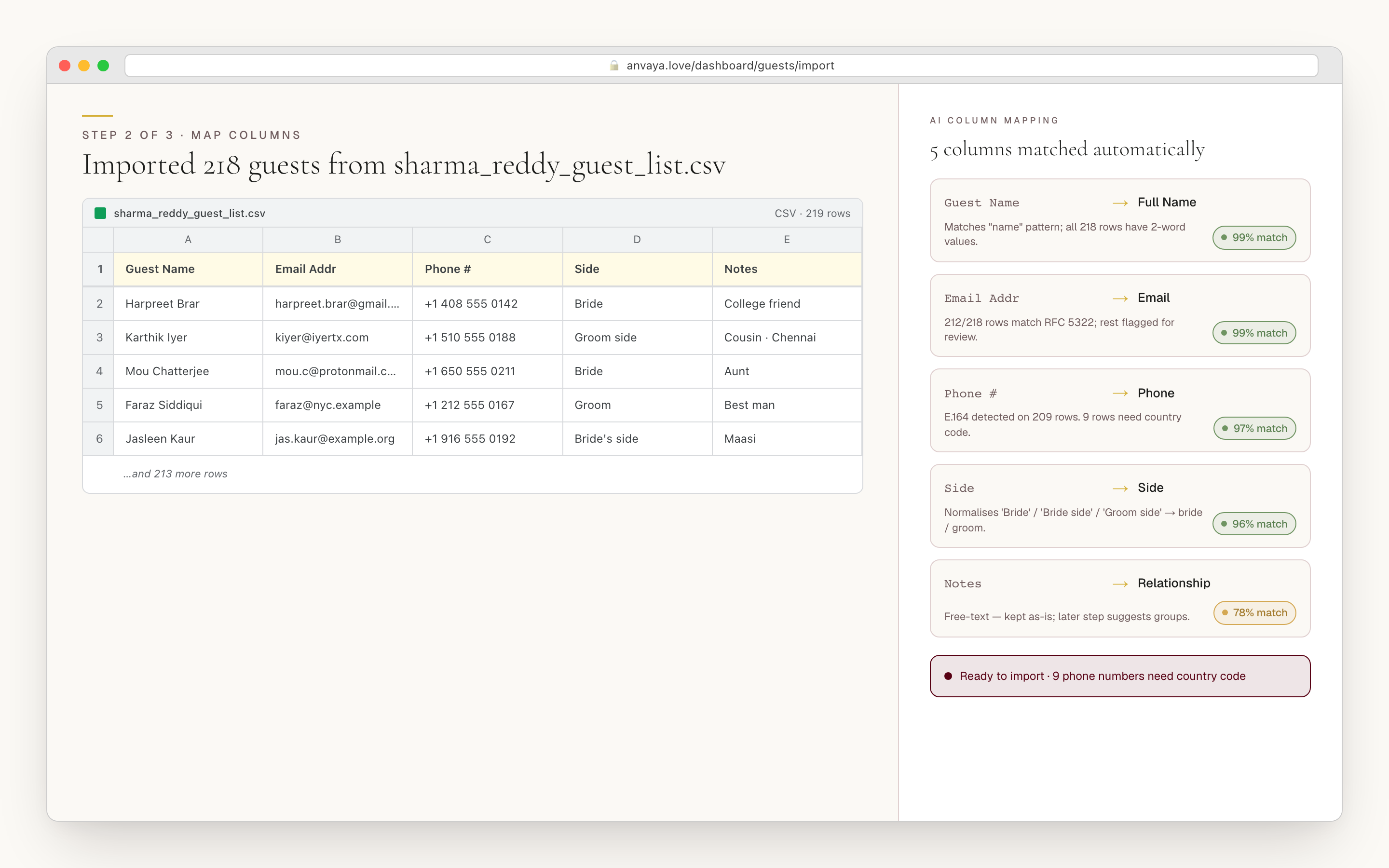 Two-column screen with a source spreadsheet on the left and AI-detected column mappings on the right.