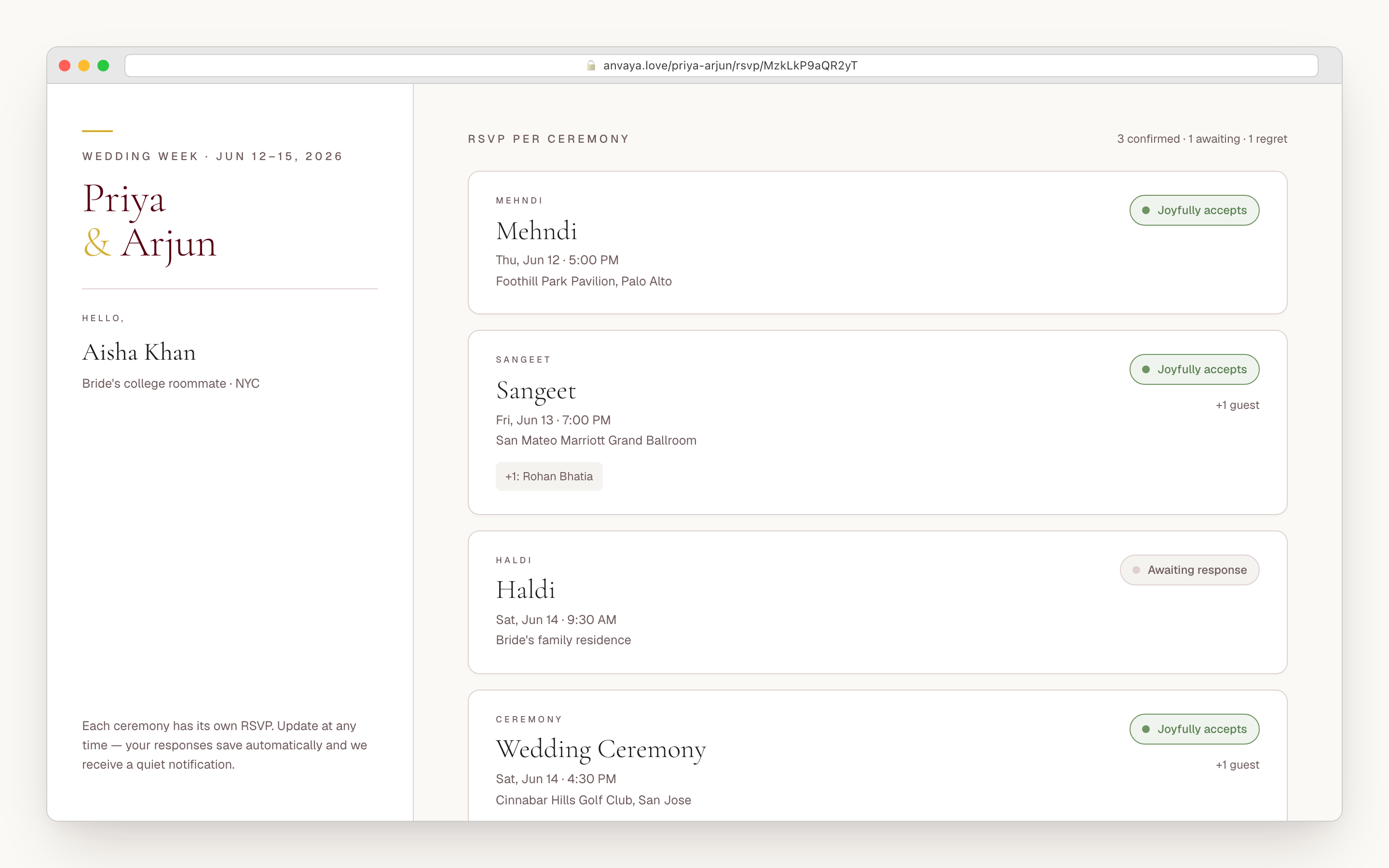 Multi-event RSVP page rendered inline on the wedding website with five ceremonies and their per-event toggles.