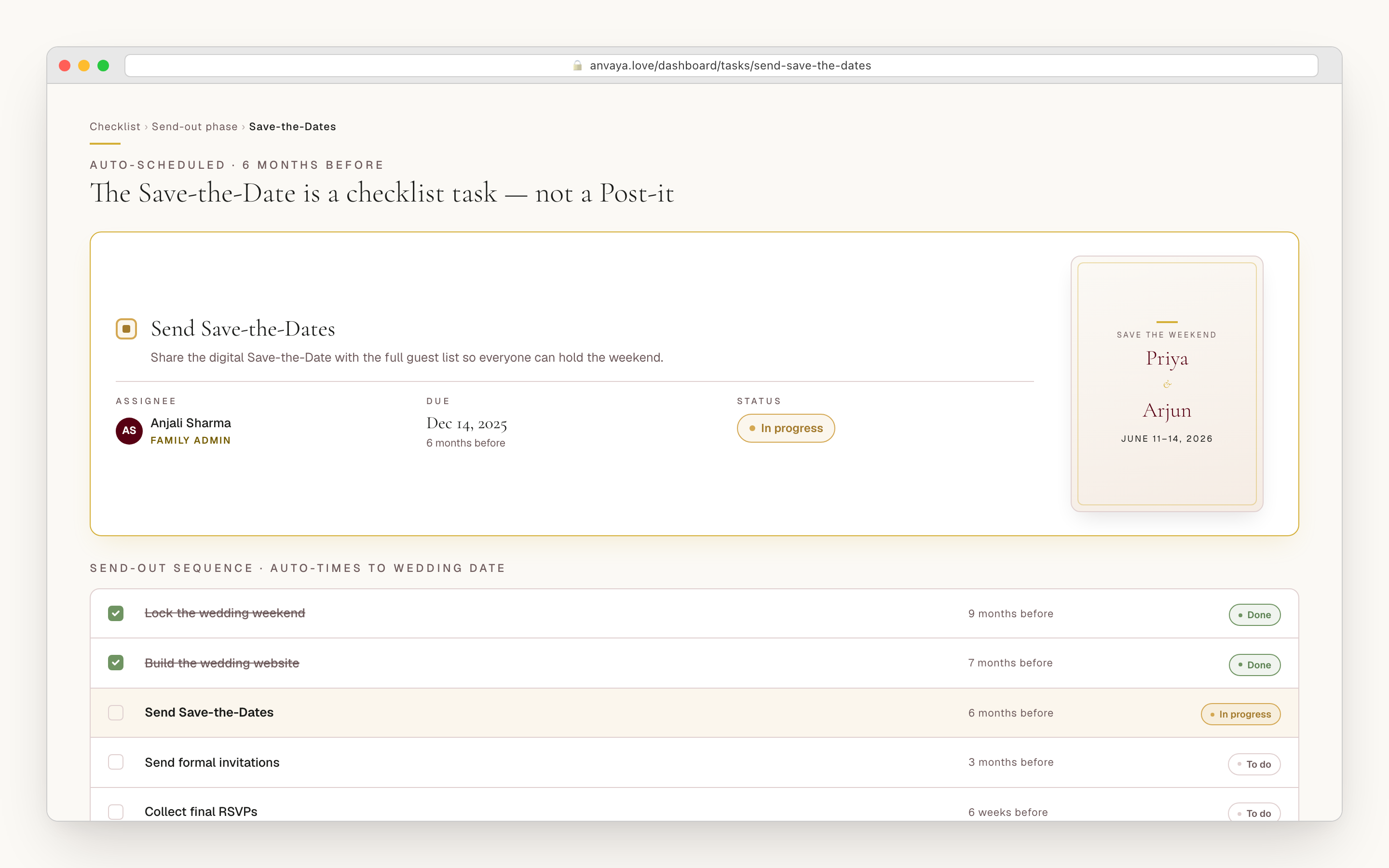 A checklist row reading “Send save-the-dates”, marked high priority and due several months before the wedding.