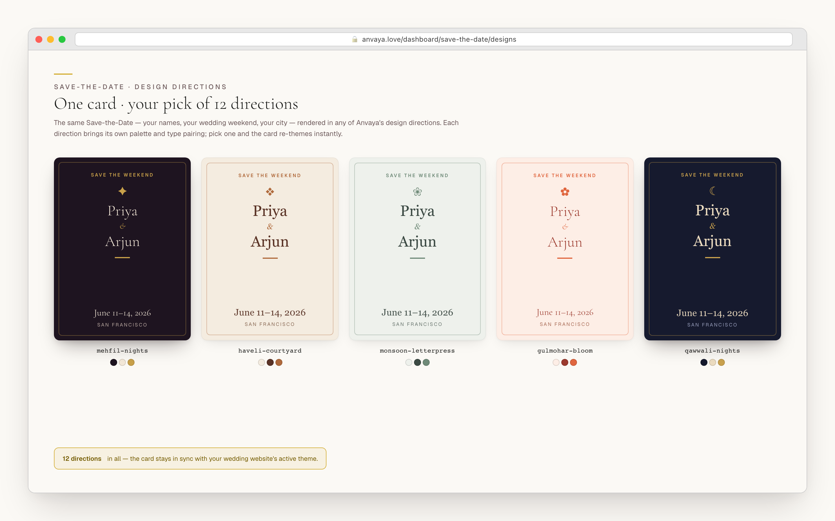 The Save-the-Date studio showing several card layouts side by side, each in a different palette.