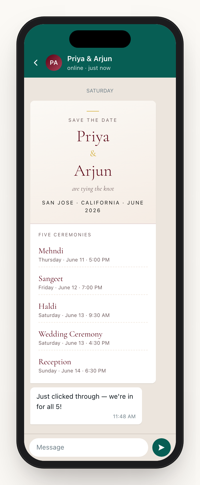 Digital Save-the-Date opened on a phone, listing all five ceremony dates and an RSVP-per-ceremony call to action.