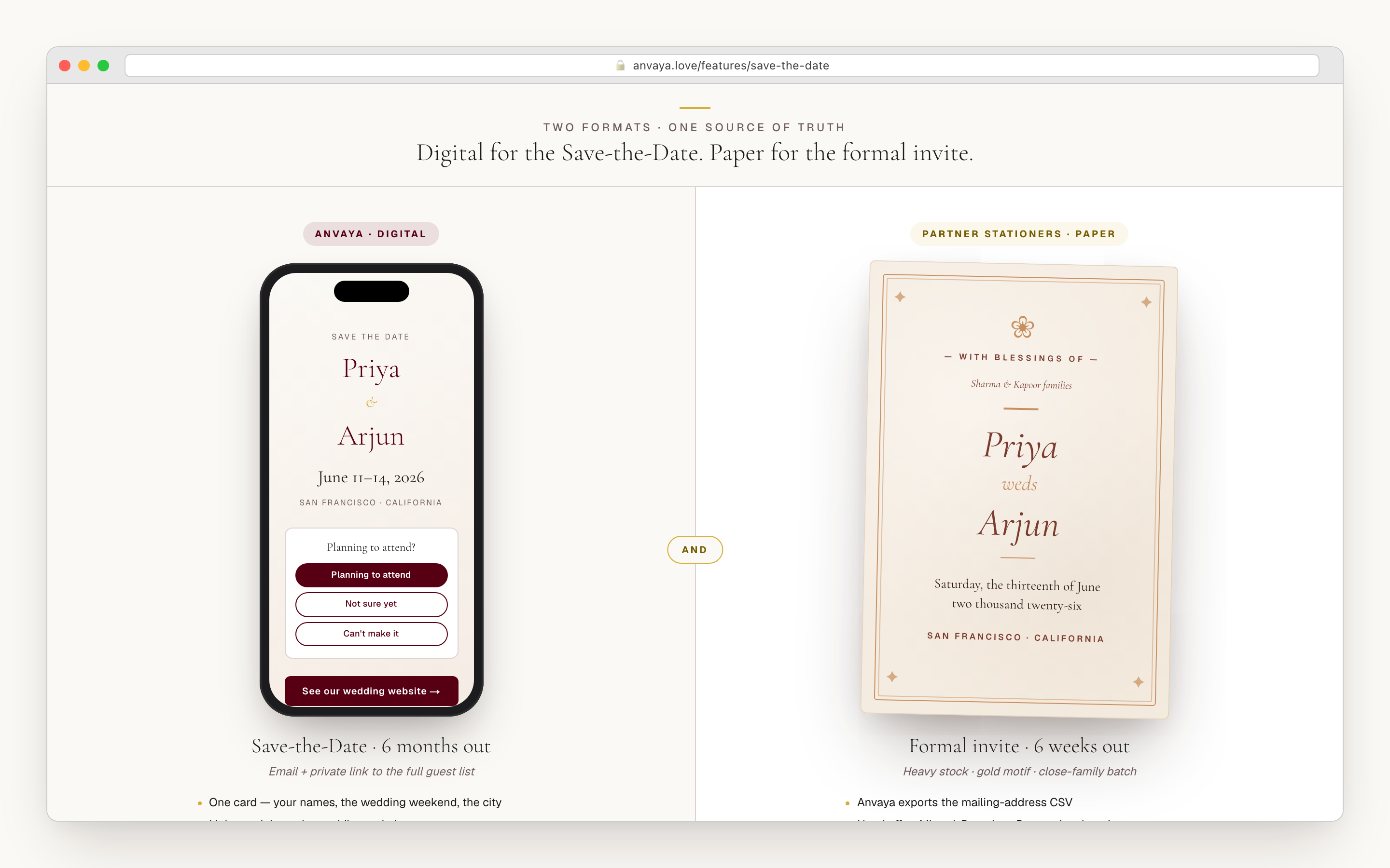 A digital Save-the-Date beside the wedding website and RSVP it links into, showing one connected guest flow.