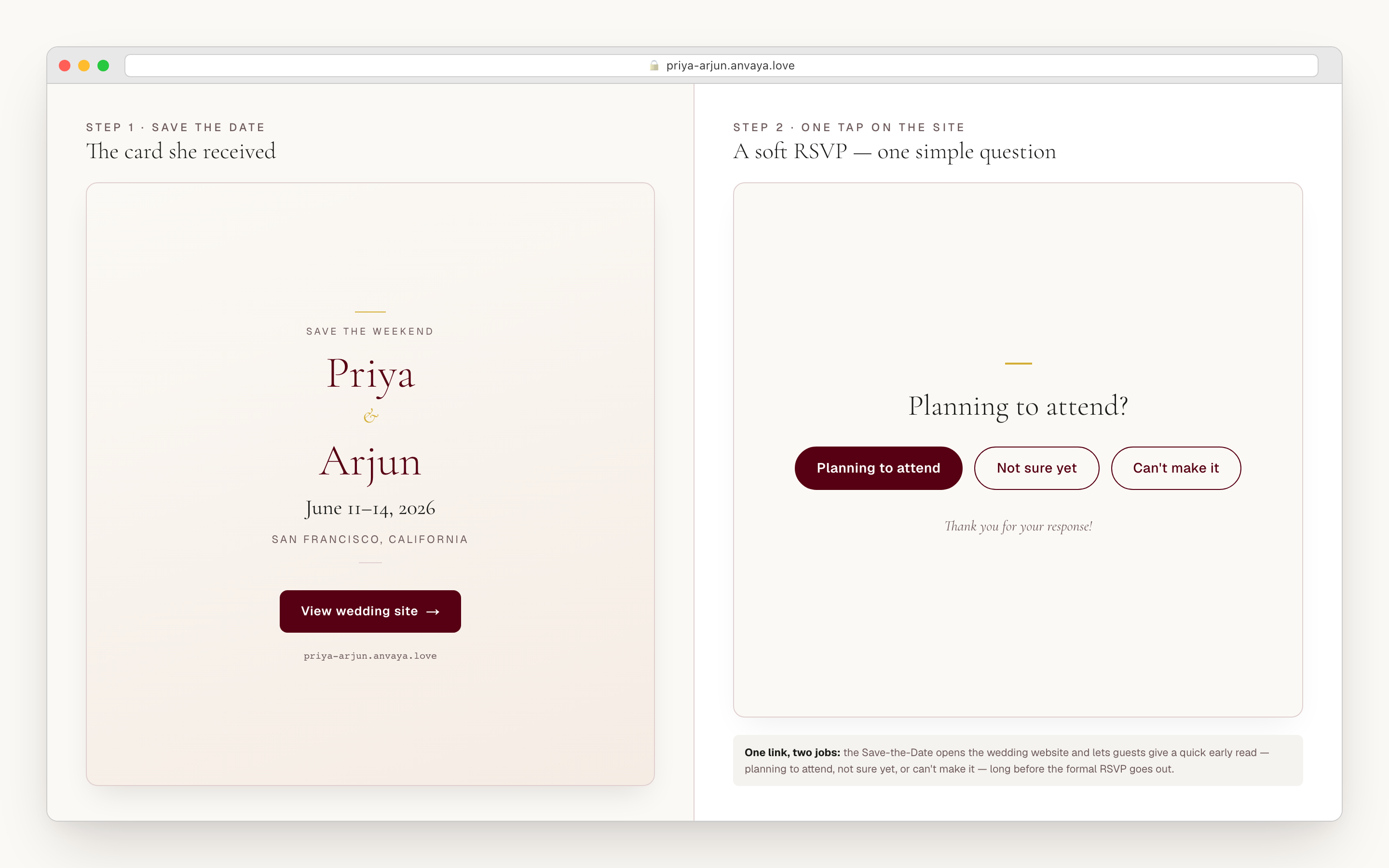 A guest-facing Save-the-Date page: the card above a short soft-RSVP prompt with planning-to-attend, can’t-make-it, and not-sure options.