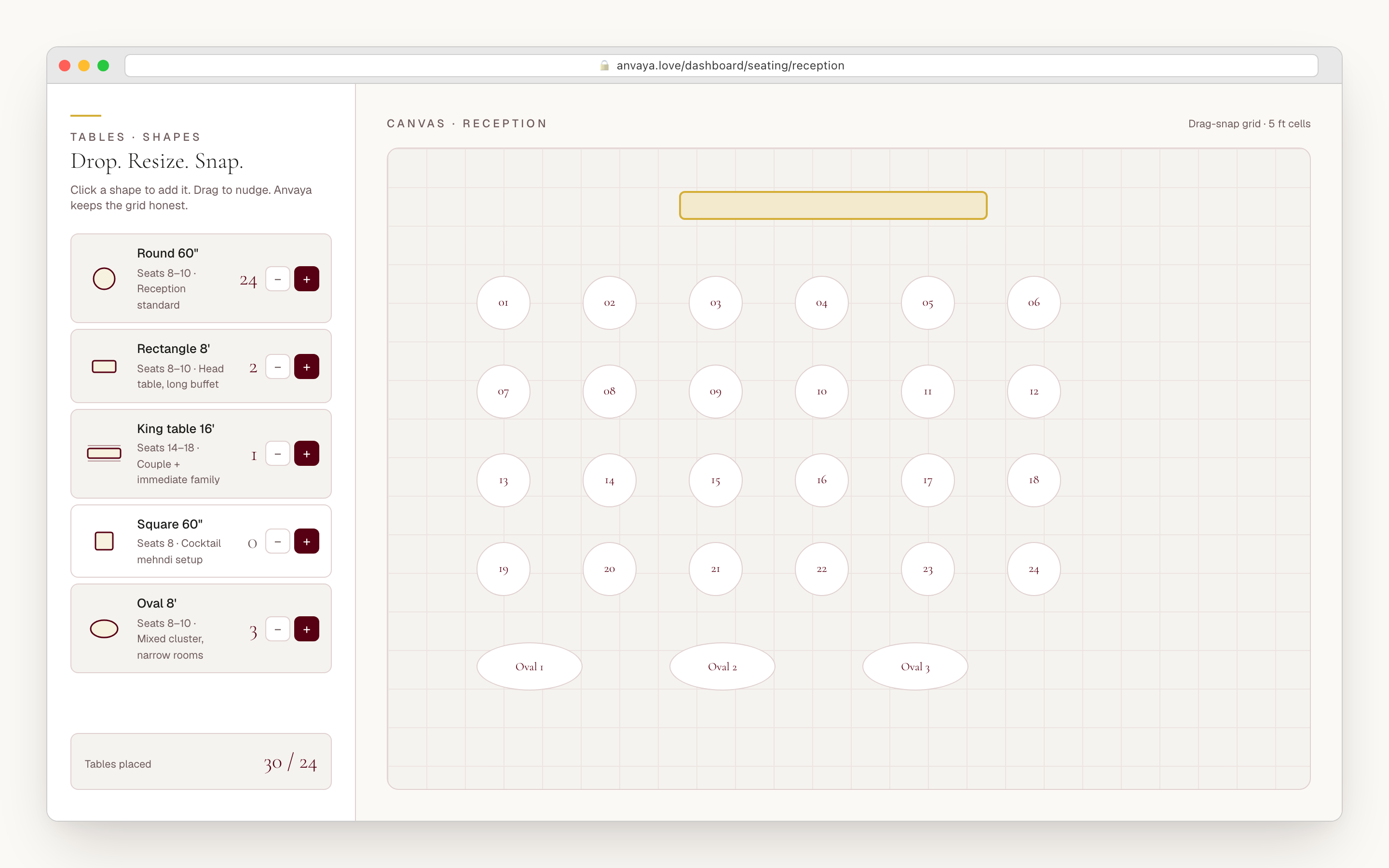 Palette of five table shapes — round, rectangle, king, oval, square — with example seat counts and a drag handle.