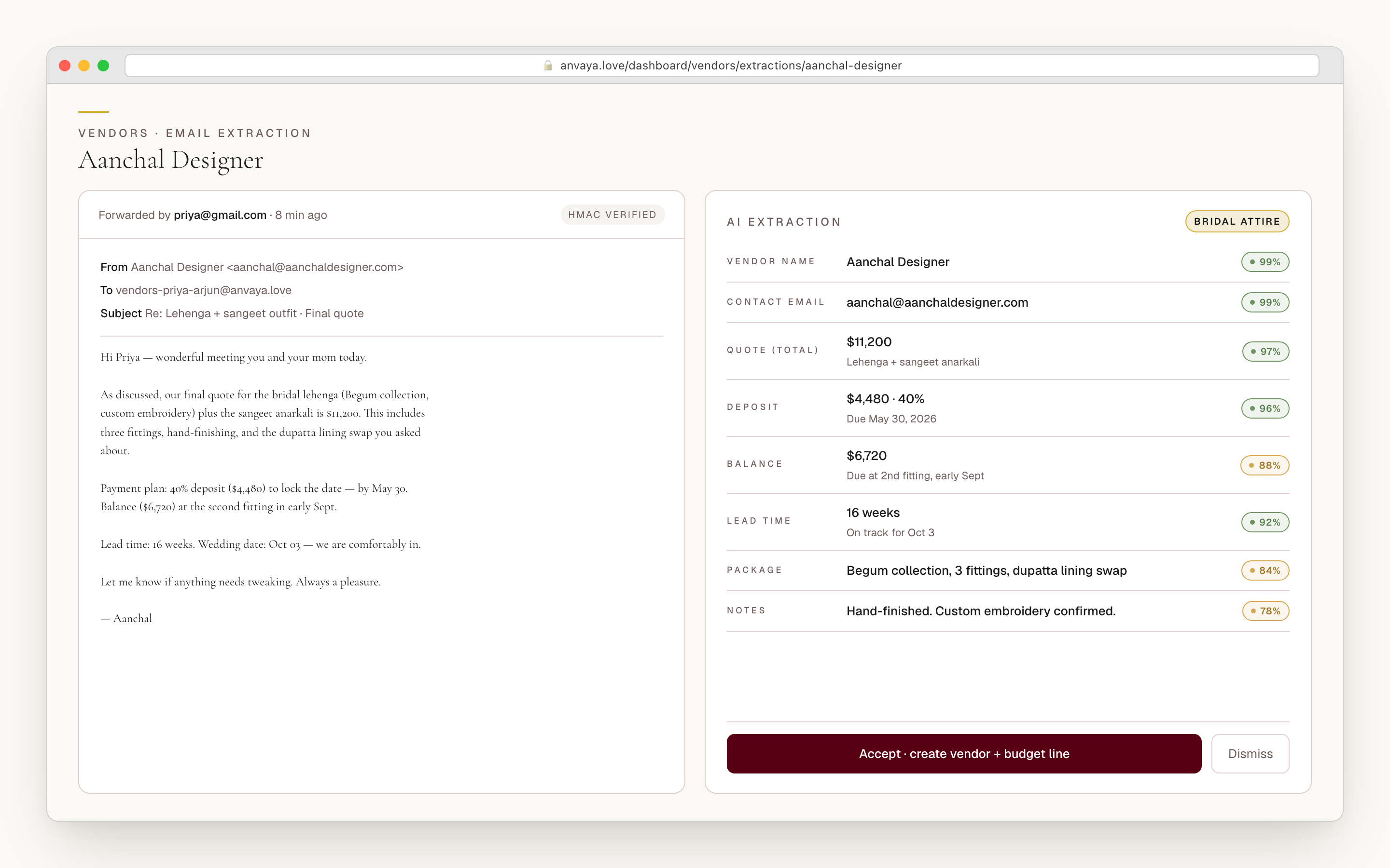 Forwarded vendor email on the left and AI-extracted structured fields with confidence pills on the right, ready to accept into a vendor record.