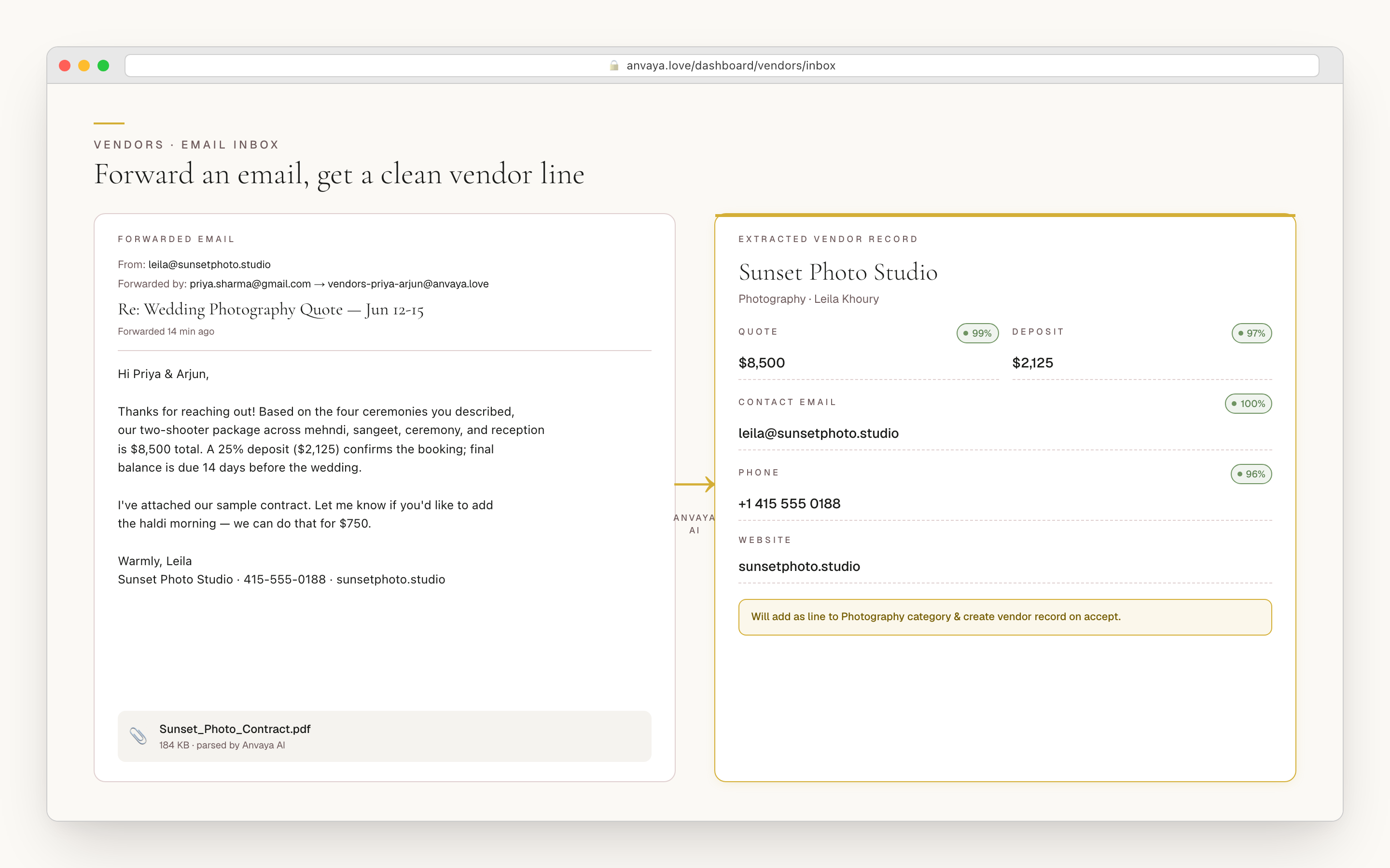 AI vendor email extraction screen showing parsed vendor name, quote amount, and budget line proposal.