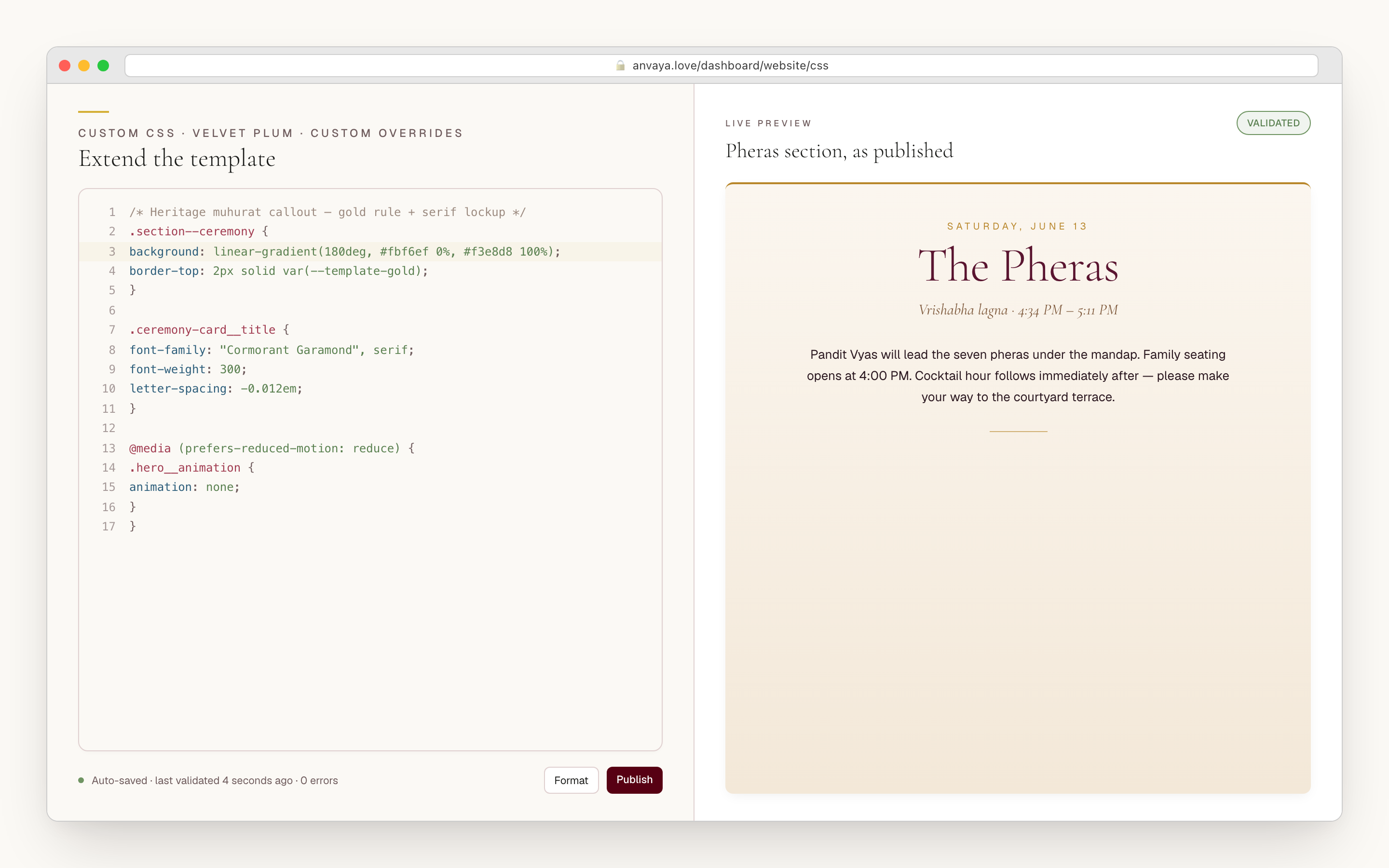 Builder with custom CSS panel open showing a syntax-highlighted editor on the left and a live preview of the pheras section on the right.