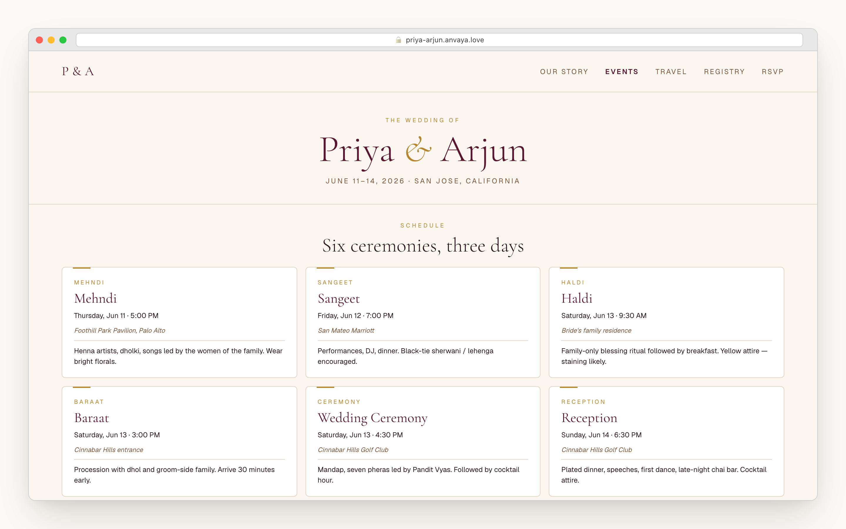 Anvaya wedding website with six ceremonies across the page — mehndi, sangeet, haldi, ceremony, reception, and welcome dinner — each with its own hero strip, schedule, and dress code.