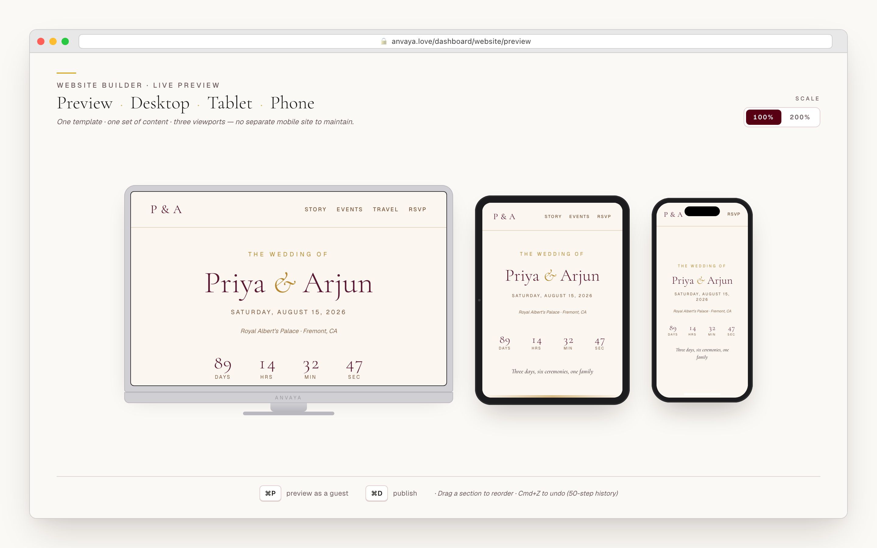 The same Priya & Arjun wedding hero proofed at desktop, tablet, and phone widths from one content source.
