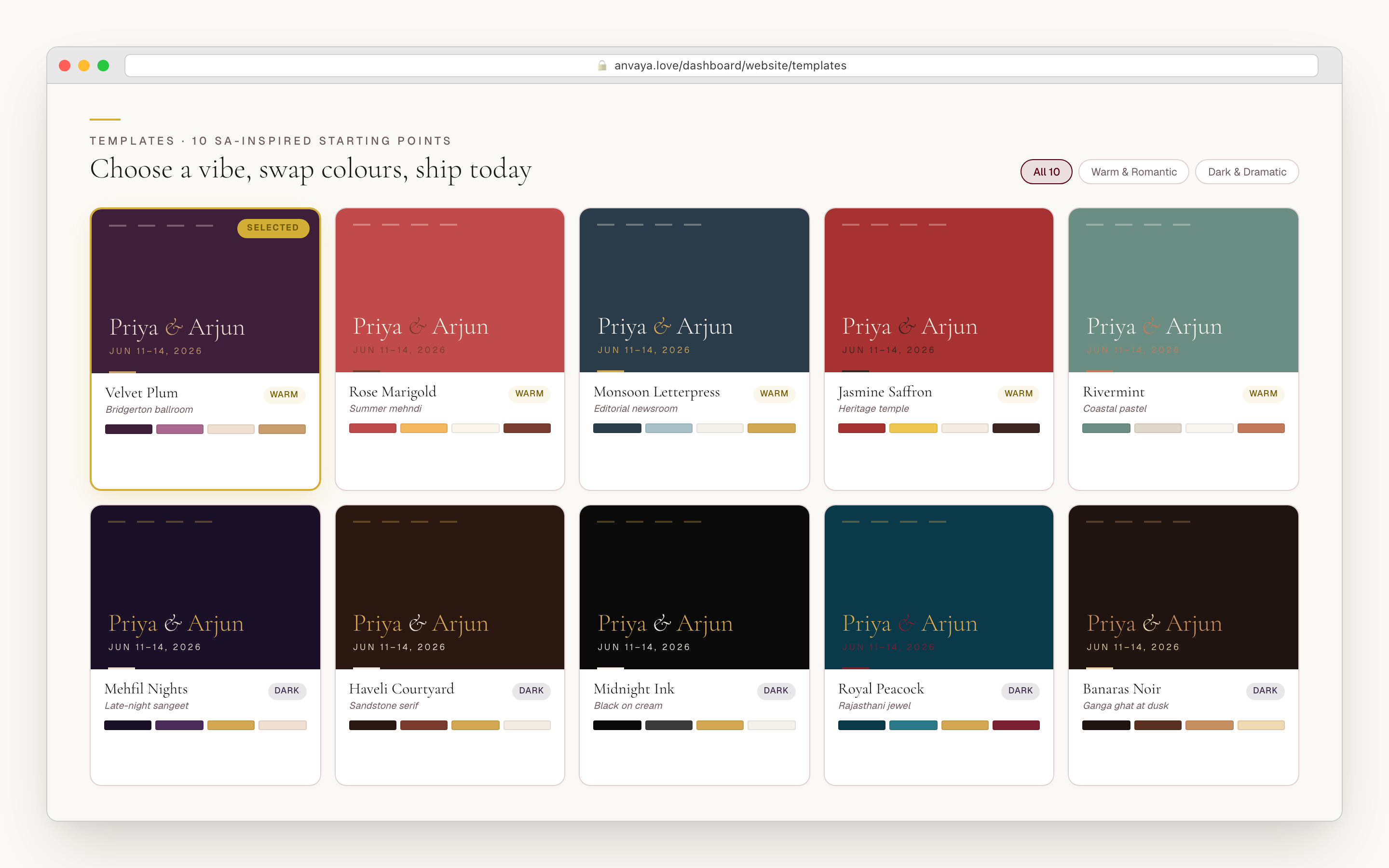 Templates grid showing 10 SA-inspired template thumbnails with palette swatches and warm/dark cluster chips.