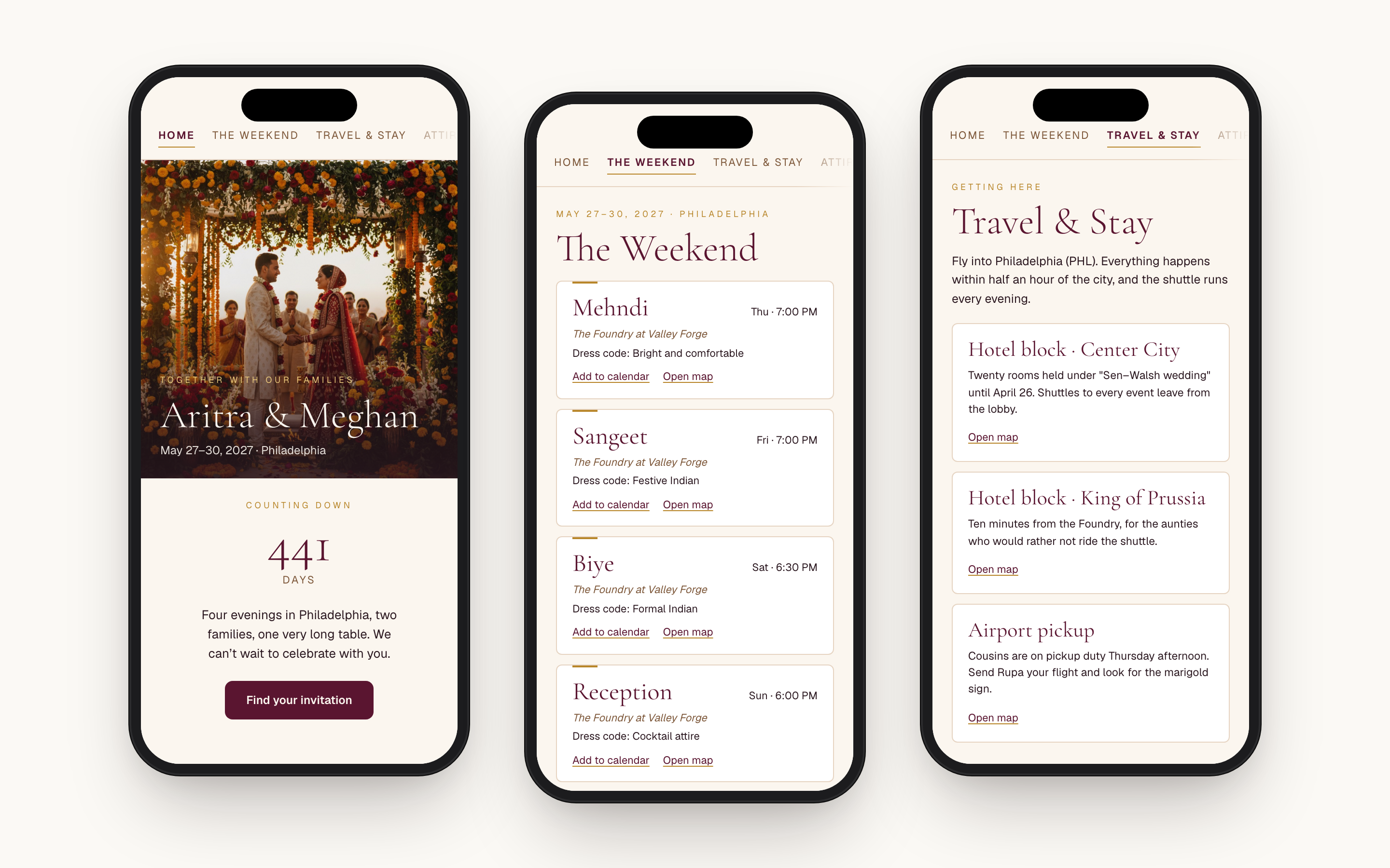 Aritra & Meghan's website on three phones: the homepage with their cover photo and a countdown, The Weekend, and Travel & Stay.