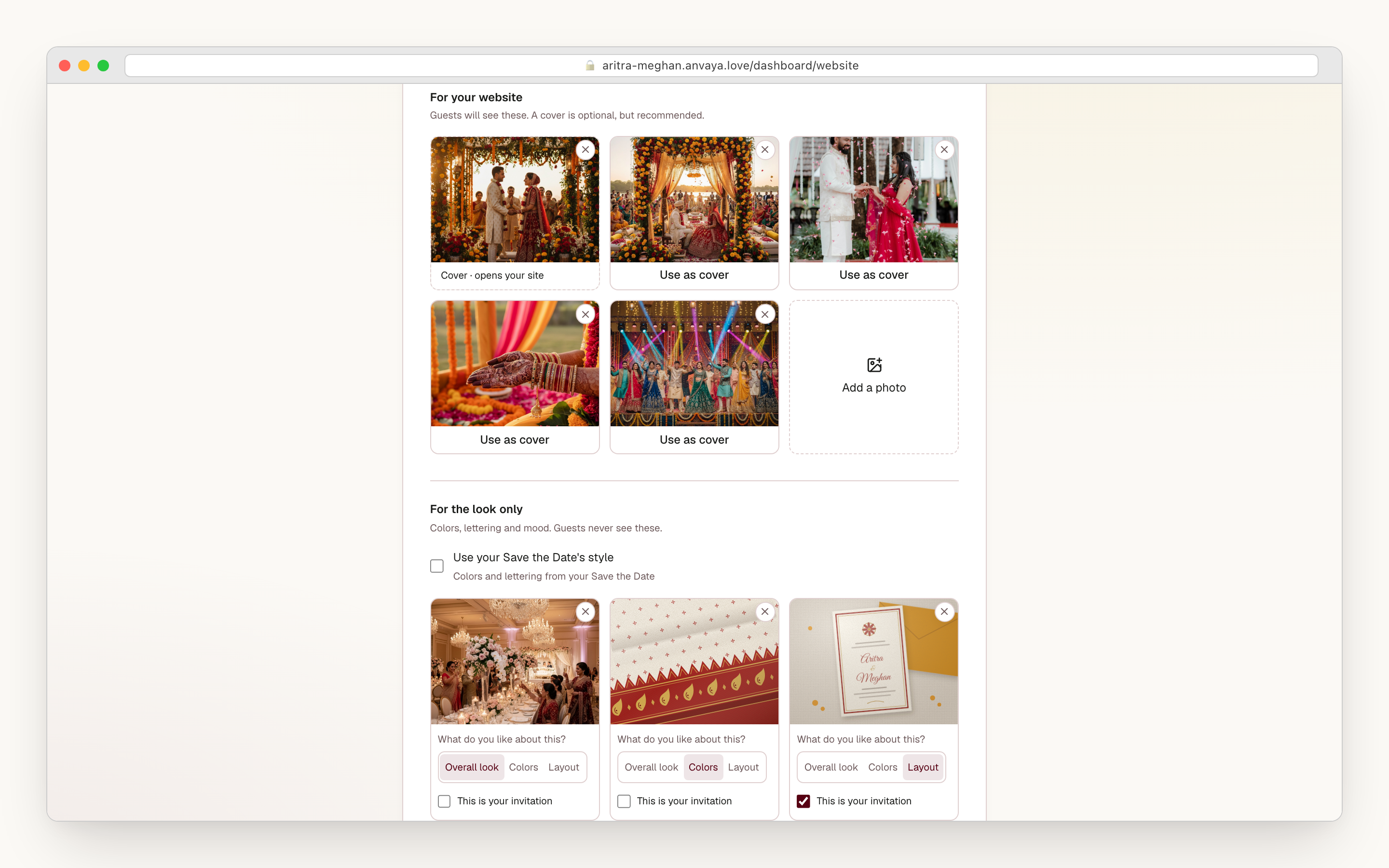 Adding pictures: a cover and photos guests will see, and three pictures used only for the look, each marked for its overall feel, its colors, or its layout.