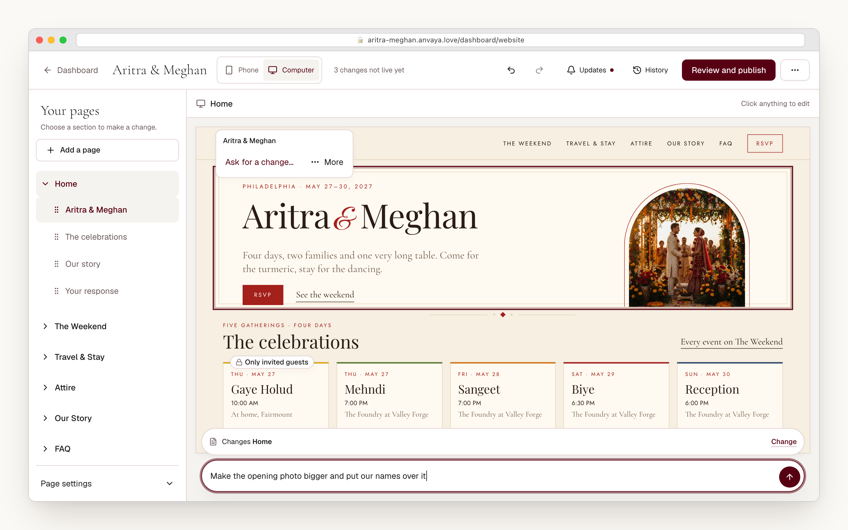 Editing Aritra & Meghan's homepage: their pages listed on the left, the homepage in the middle, and a change typed in their own words at the bottom.