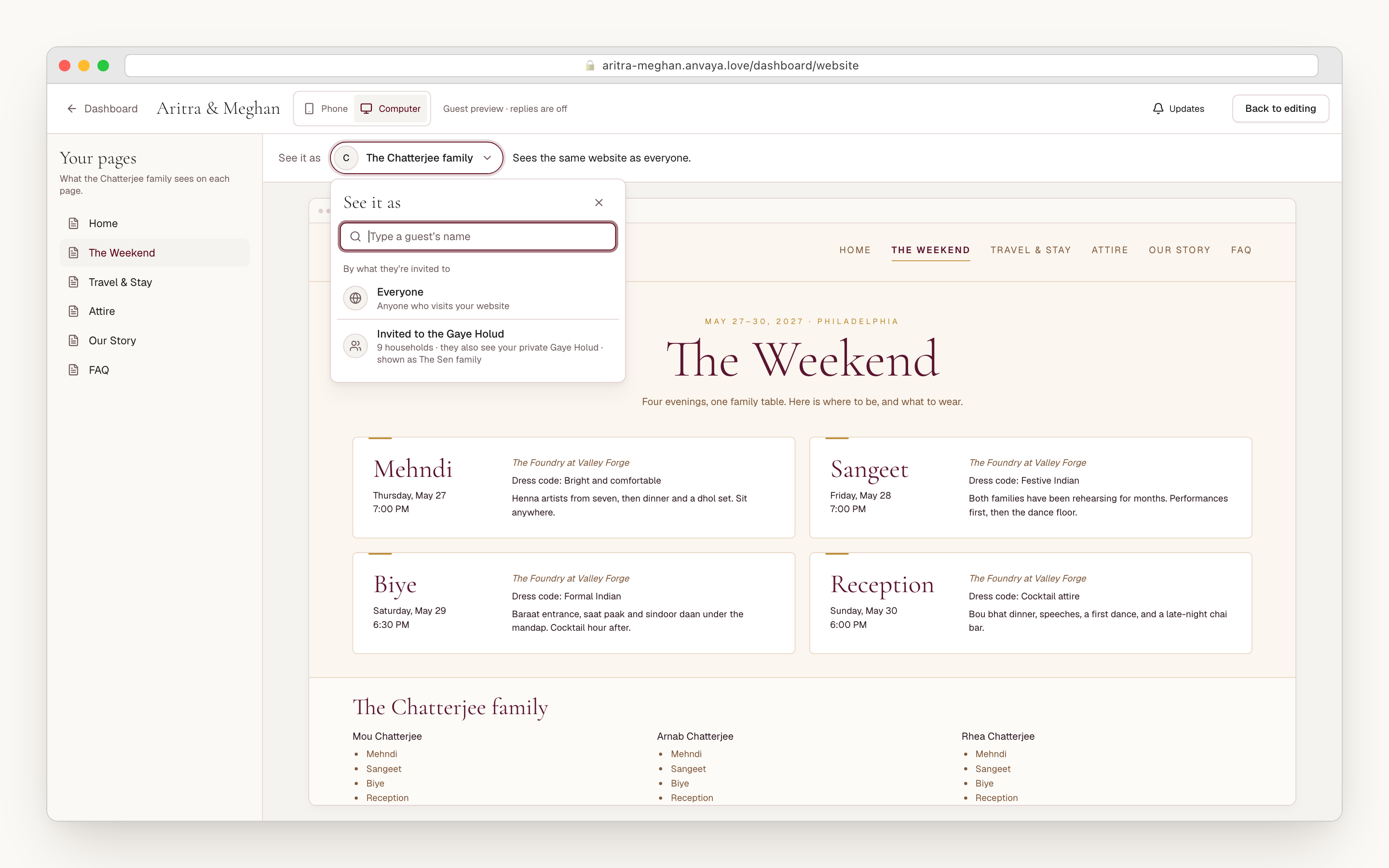 Seeing the website as the Chatterjee family: the same four events everyone sees, with the private gaye holud left out.