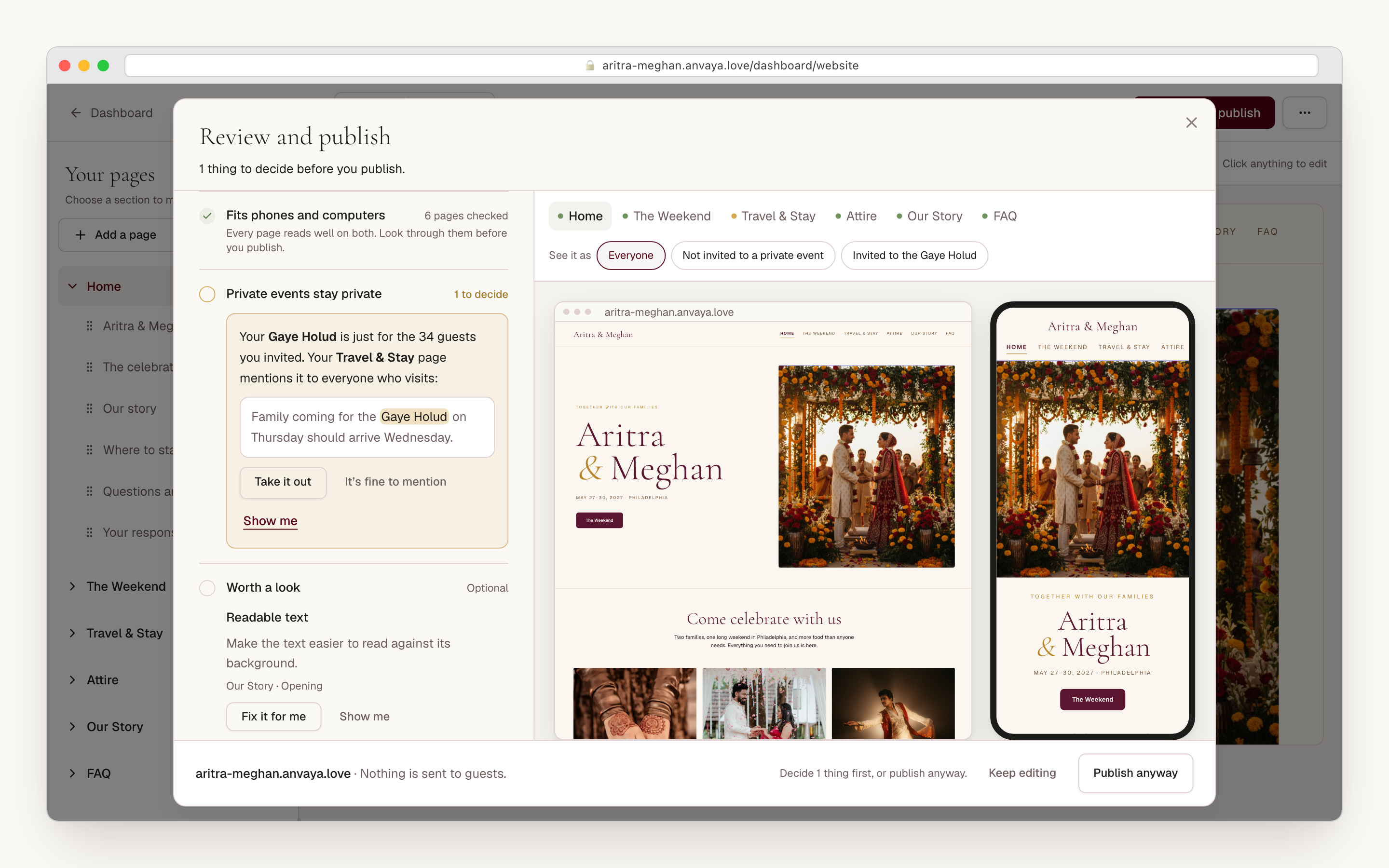 The checks before publishing: the site on a phone and a computer, a note about a private event, a few optional notes, and the button to publish anyway.
